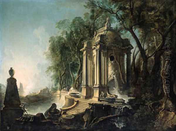 A wooded landscape with a marble pavillion and fountains, the sea beyond Oil Painting by Jacques de Lajoue