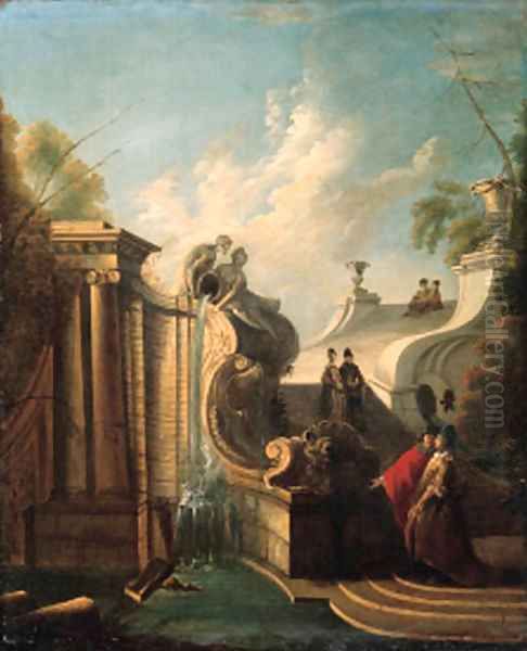 Elegant couples conversing on a staircase by a fountain Oil Painting by Jacques de Lajoue