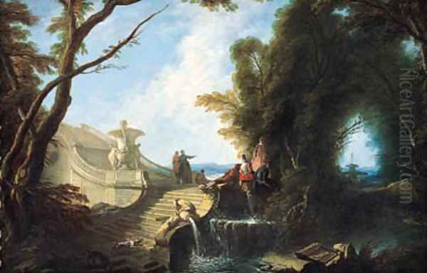 An elegant company seated on a staircase in a park with dogs playing in the foreground Oil Painting by Jacques de Lajoue