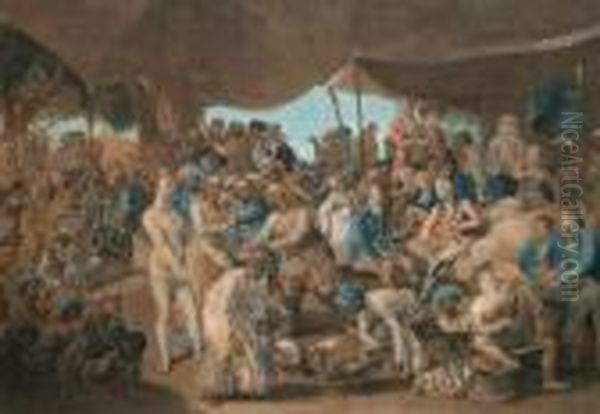 Colonel Mordaunt's Cock Match At Lucknow Oil Painting by Richard Earlom