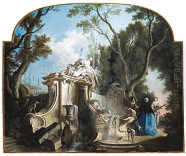 A serenade near a fountain Oil Painting by Jacques de Lajoue