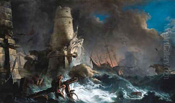 A shipwreck in stormy seas with survivors near a harbour entrance Oil Painting by Jacques de Lajoue