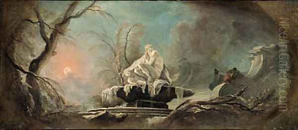 Winter a frozen fountain with figures on a staircase Oil Painting by Jacques de Lajoue