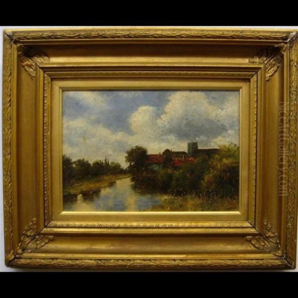 Riverscape With Houses Oil Painting by Sir Alfred East