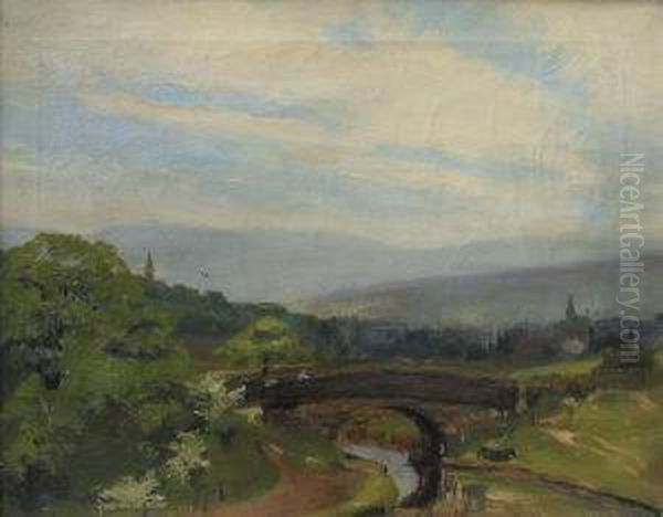 Figures Crossing A Stone Bridge In A Wooded Landscape With A Village And Hills Beyond Oil Painting by Sir Alfred East