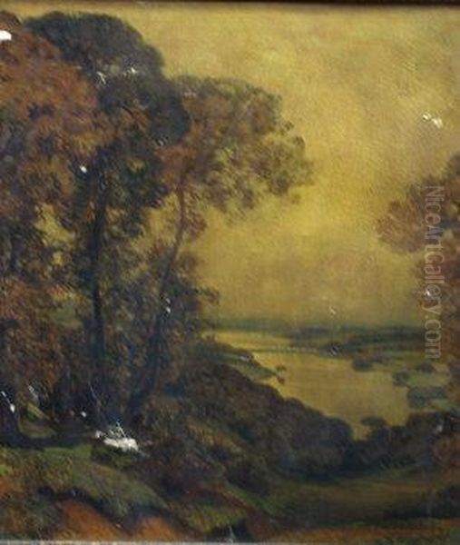 Wooded River Landscape Oil Painting by Sir Alfred East