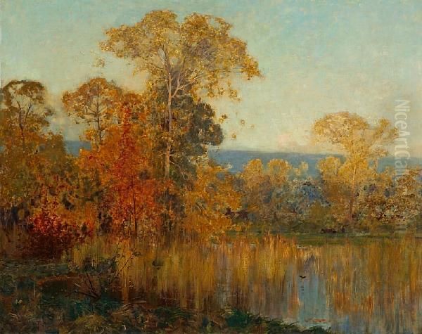 An Autumnal Woodland Scene With A Pond Oil Painting by Sir Alfred East