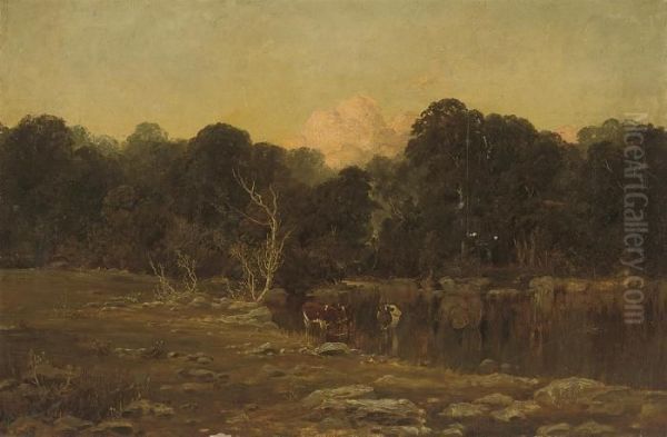 Cattle Watering In A Peaceful River Landscape Oil Painting by Sir Alfred East