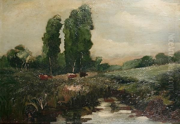 Cows By A Rural Stream Oil Painting by Sir Alfred East