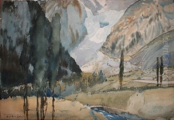 'an Alpine Glacier' 'alfred East', Indistinctly Annotated, Titled Verso Oil Painting by Sir Alfred East