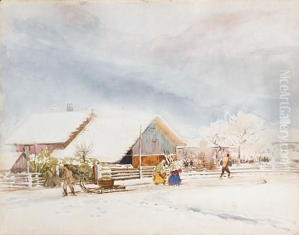 Figures On A Snowy Street Oil Painting by Sir Alfred East