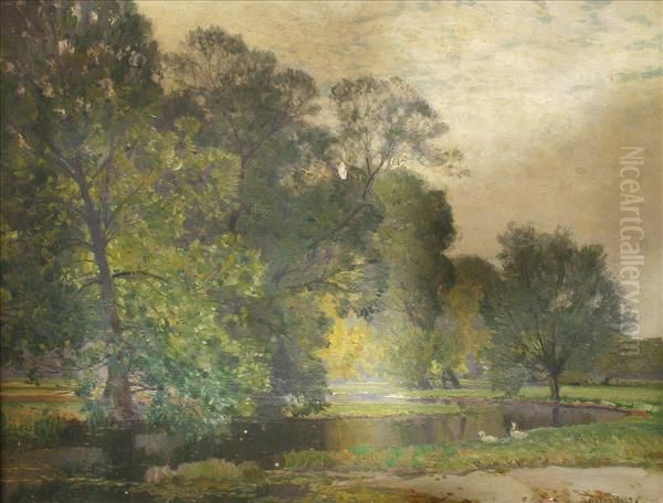 Landscape Ofriver Meandering Through Fields With Mature Trees Oil Painting by Sir Alfred East