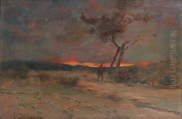 A Japanese Figure At Dusk Oil Painting by Sir Alfred East