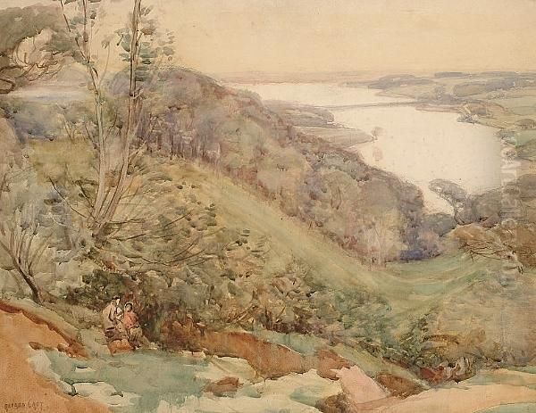 A Couple Seated On A Wooded Hillside Oil Painting by Sir Alfred East