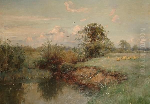 Sheep In A Water Meadow Oil Painting by Sir Alfred East