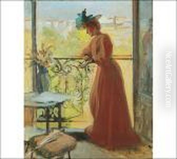 Lady On Balcony Oil Painting by Albert Edelfelt