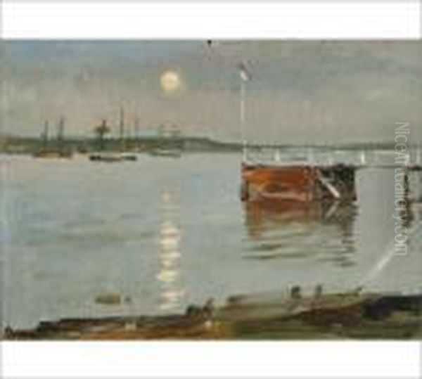 Haikko Pier In Moonlight Oil Painting by Albert Edelfelt