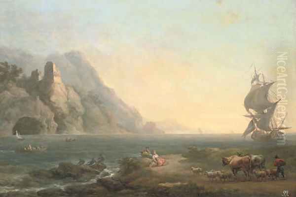 A rocky coastal landscape with fishermen and drovers in the foreground, a ship beyond Oil Painting by Loutherbourg, Philippe de