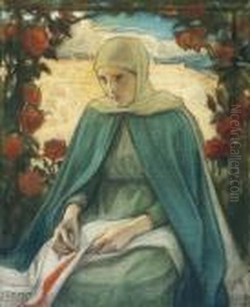 The Virgin Mary In The Rose Garden (jungfru Maria Irosengard) Oil Painting by Albert Edelfelt