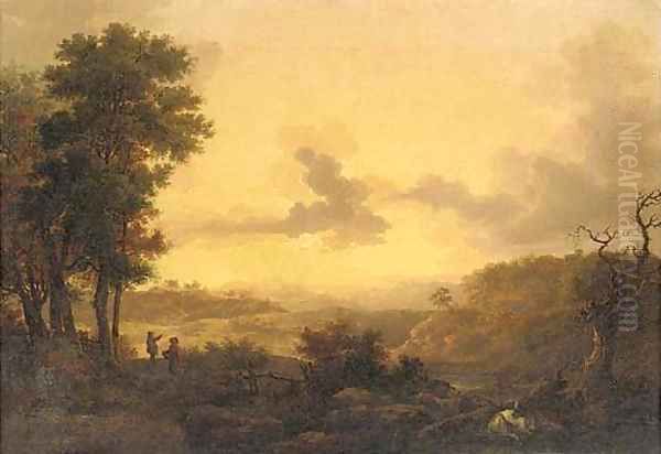 An extensive valley landscape at sunset with figures and cattle Oil Painting by Loutherbourg, Philippe de