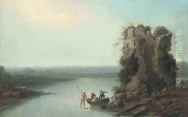 Fishermen in a boat before a tower ruin, in an extensive landscape Oil Painting by Loutherbourg, Philippe de