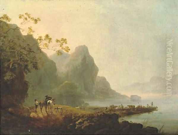 Wooded lakeside landscape with figures and horses in the foreground and figures, livestock and a ferry beyond Oil Painting by Loutherbourg, Philippe de