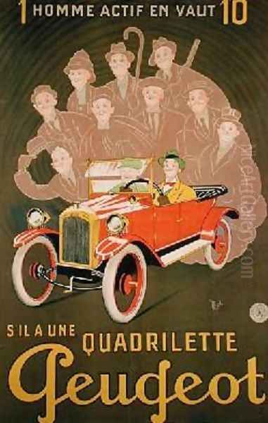 Advertisement for the Peugeot Quadrilette Oil Painting by Michel, called Mich Liebeaux