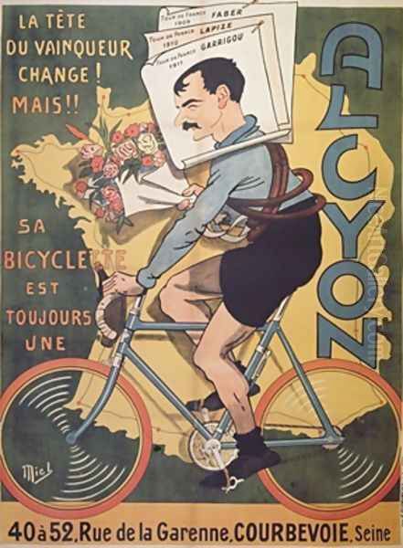 Poster advertising Alcyon cycles with the winners of Tour de France Faber 1909 Oil Painting by Michel, called Mich Liebeaux