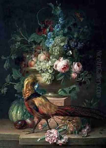 Still Life with Flowers and a Pheasant Oil Painting by Willem van Leen