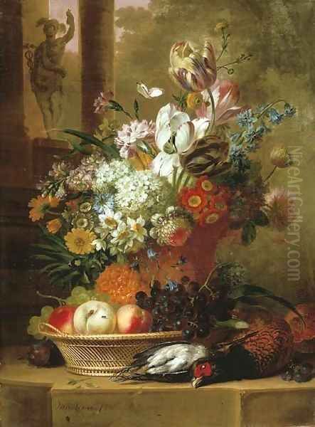 Flowers, fruit and dead game on a stone ledge Oil Painting by Willem van Leen