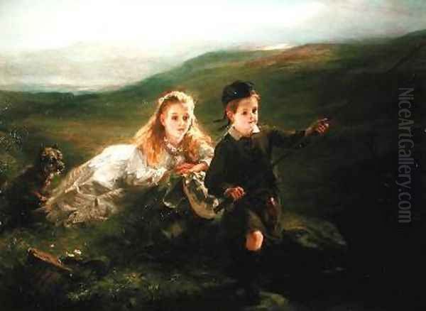 Two Children Fishing in Scotland Oil Painting by Otto Leyde