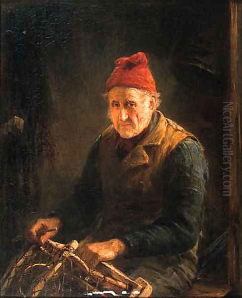 Mending the Lobster Pot Oil Painting by Otto Leyde