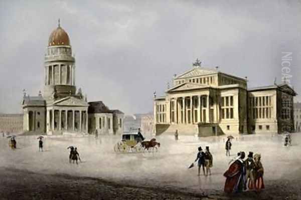 Theatre and German Dome church on the Gendarmenmarkt Berlin Oil Painting by Ludwig Edward Luetke