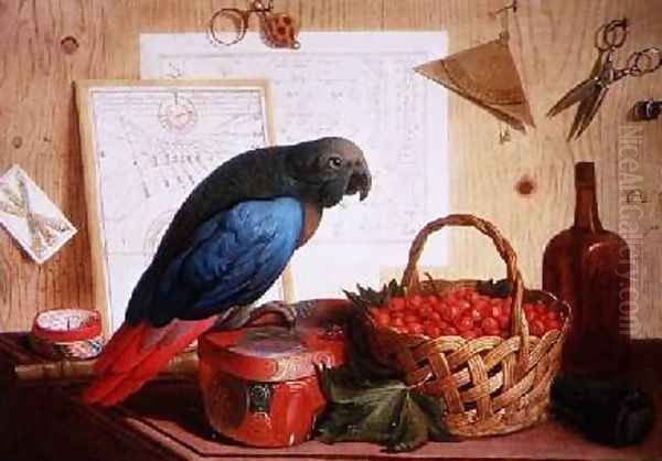 Trompe Loeil with Still Life of Strawberries and a Parrot Oil Painting by Sebastiano Lazzari