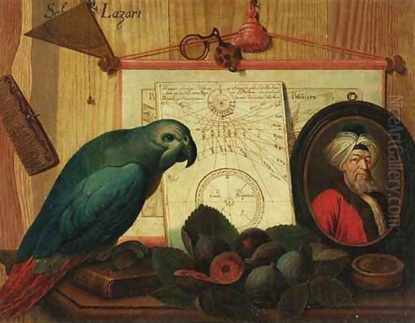 A trompe-l'oeil still life with a parrot on a book, figs, a portrait miniature of a turbaned man, a navigational chart, a comb and a magnifying glass Oil Painting by Sebastiano Lazzari