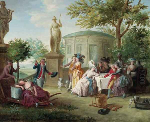 Elegant company dining in an ornamental garden, a rotunda and a landscape beyond Oil Painting by Niclas II Lafrensen