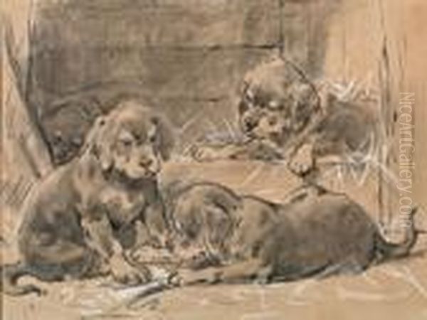 Drie Sint Bernard Puppies Oil Painting by Otto Eerelman