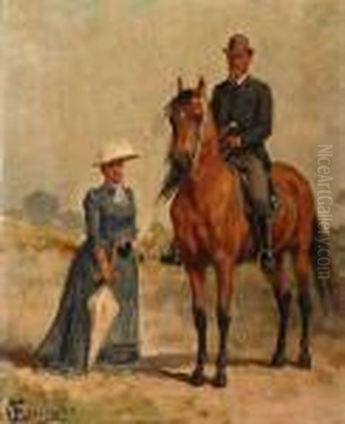 Elegante Vrouw En Heer Te Paard Oil Painting by Otto Eerelman