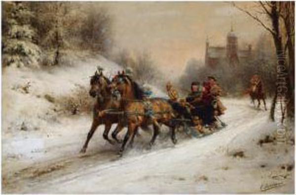 A Riding Tour In The Snow Oil Painting by Otto Eerelman