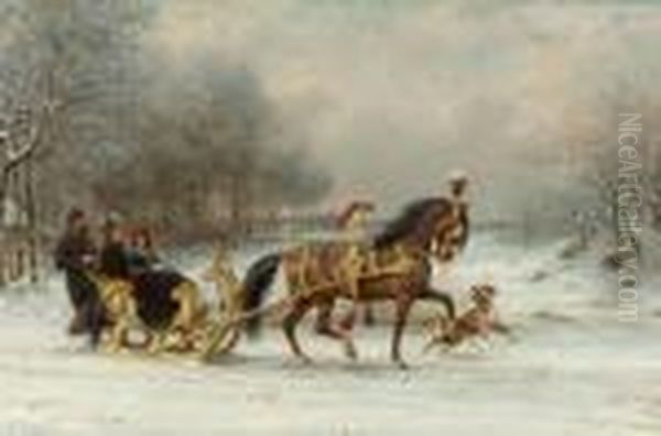 Horse And Carriage In The Snow Oil Painting by Otto Eerelman