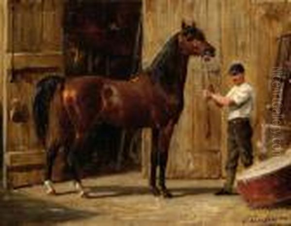 Portrait Of A Horse In Front Of A Stable Oil Painting by Otto Eerelman