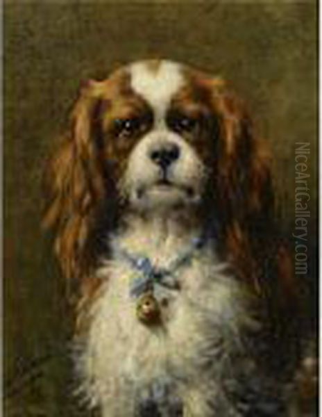 A King Charles Spaniel With A Blue Ribbon Oil Painting by Otto Eerelman