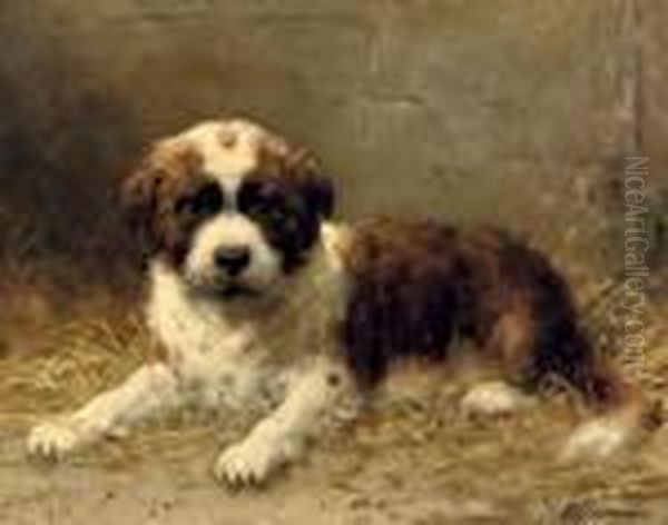 A St. Bernard Pup Oil Painting by Otto Eerelman