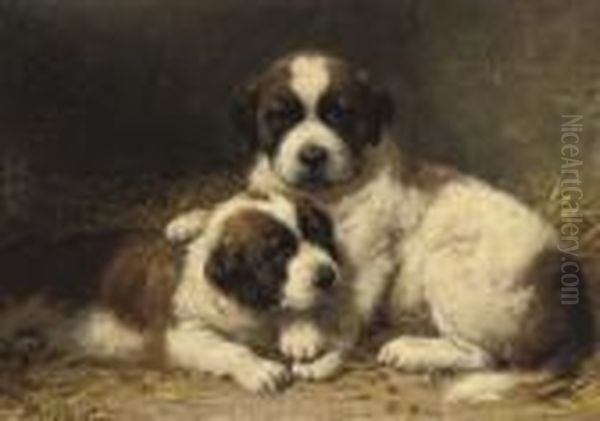 St Bernard Pups Oil Painting by Otto Eerelman