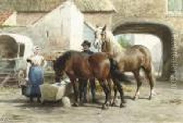 Tending To The Horses In A Courtyard Oil Painting by Otto Eerelman