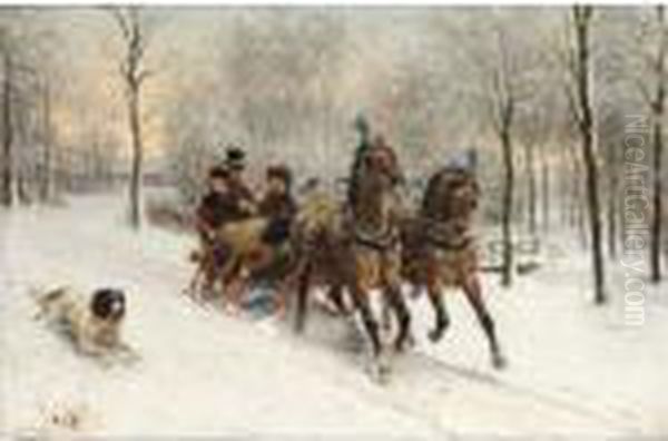 A Riding Tour In The Snow Oil Painting by Otto Eerelman