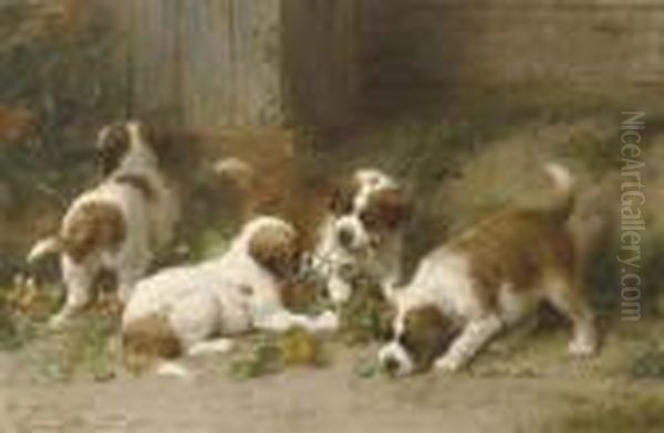 Saint Bernard Puppies Playing With Indian Cress Oil Painting by Otto Eerelman