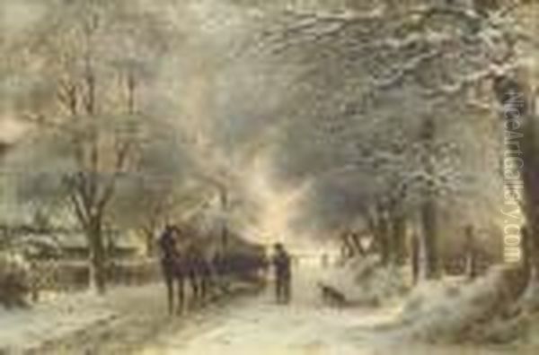 Pausing In The Snow Oil Painting by Otto Eerelman