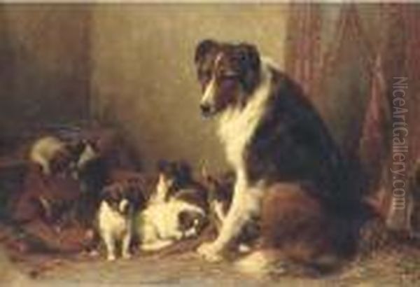 A Collie With Her Puppies Oil Painting by Otto Eerelman