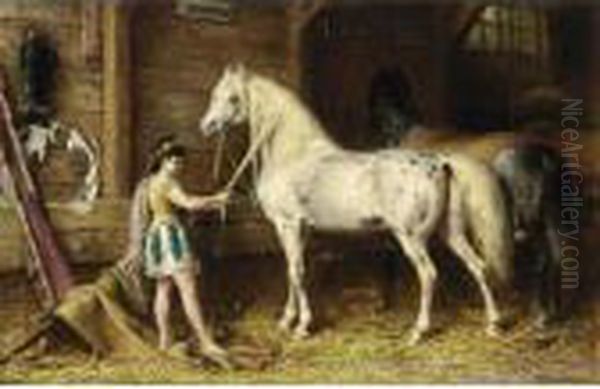 A Circus Girl Grooming The Horses Oil Painting by Otto Eerelman